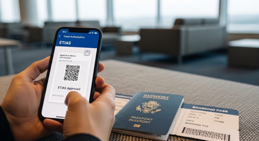 Stop ETIAS Requirements 2026 Failures: The Only Guide to Prevent Europe Entry Denials 2 Traveler checking ETIAS travel authorization details on a smartphone with passport and boarding pass at the airport.