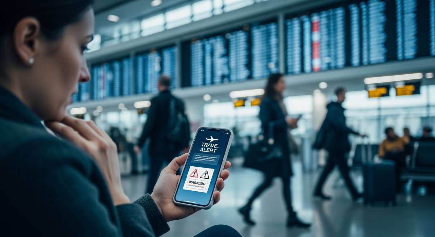 Common travel scams to avoid as a tourist checks a suspicious digital travel alert on a smartphone at an international airport