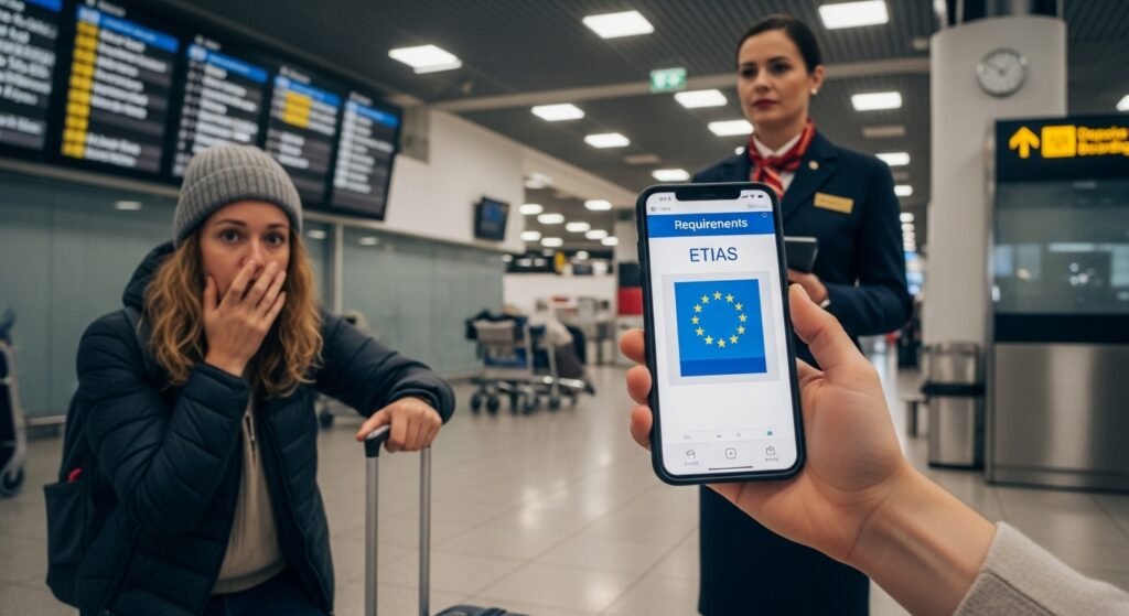 Worried traveler checking ETIAS requirements 2026 on a smartphone after being denied boarding at a European airport.