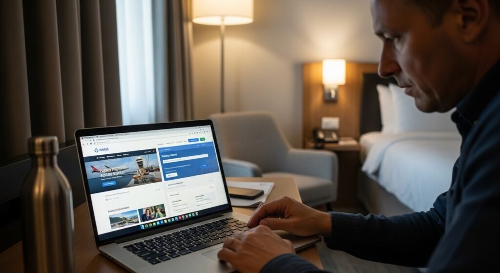 Common travel scams to avoid as a traveler checks a fake flight booking website on a laptop