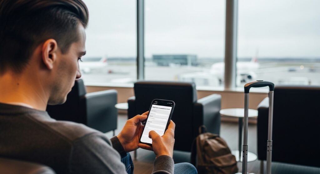 Traveler submitting a flight delay compensation claim on a smartphone while waiting at the airport.
