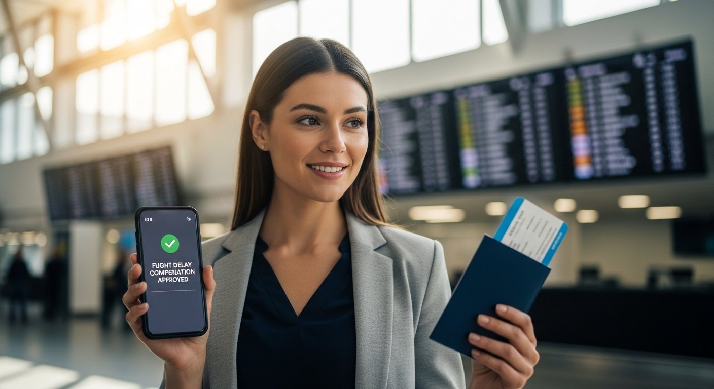 Successful traveler celebrating after receiving flight delay compensation approval on a smartphone at the airport.