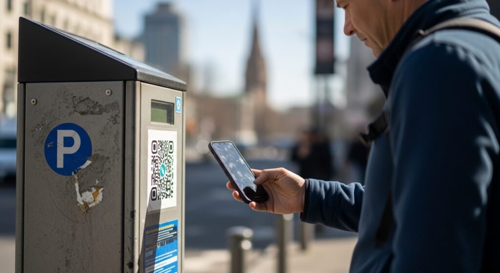 Traveler scanning a fake QR code showing one of the common travel scams to avoid