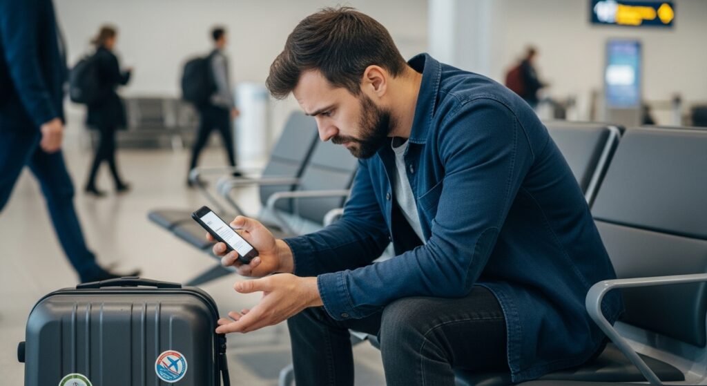 Stop ETIAS Requirements 2026 Failures: The Only Guide to Prevent Europe Entry Denials 3 Disappointed traveler looking at a phone after a travel authorization rejection at an airport gate.