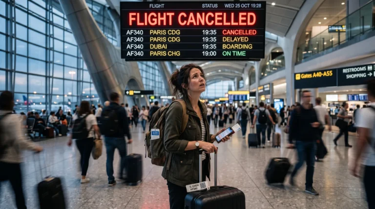 Stressed traveller woman looking at flight cancelled notification on airport departure board