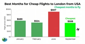 Monthly flight price comparison chart US to London 2026 showing September as cheapest
