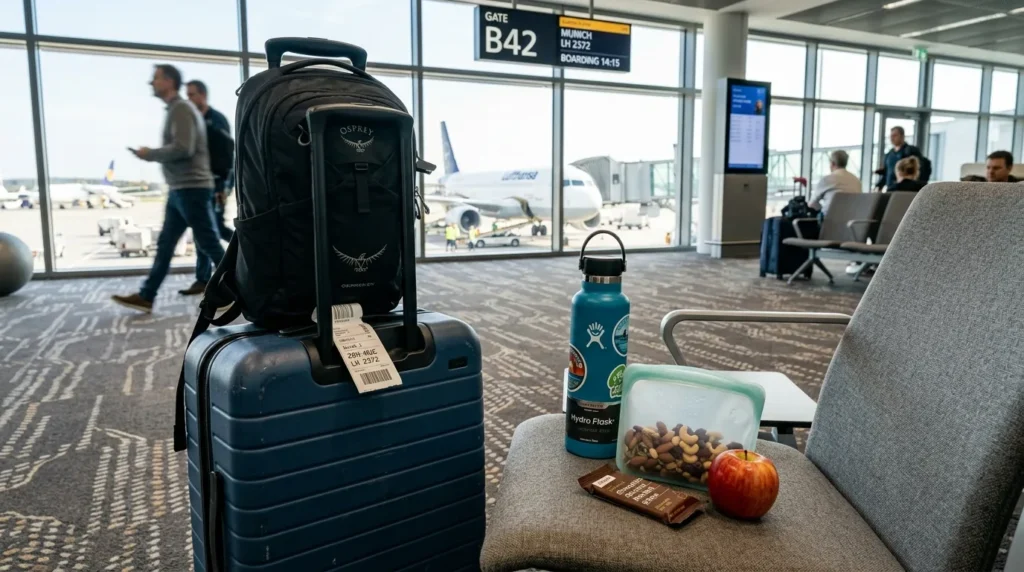 Reusable water bottle and snacks for airport travel