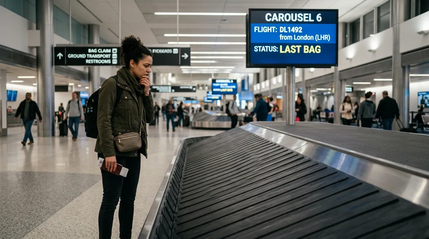 Stressed female traveler waiting for lost luggage at airport baggage carousel