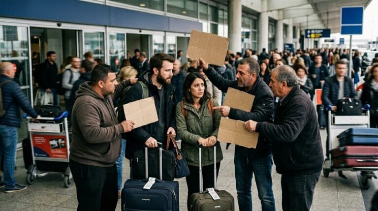 Worried tourist couple surrounded by aggressive taxi drivers at airport exit