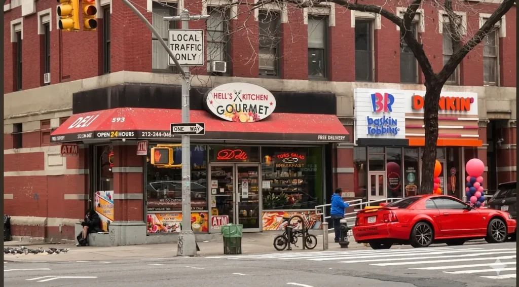 Street food carts and Hell’s Kitchen restaurants near Times Square in New York City serving halal food, pizza slices, and international cuisine