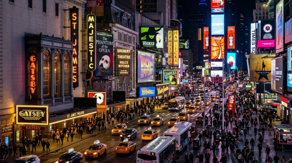 Broadway theater marquees lit up at night in the Times Square theater district New York City