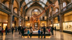 Dinosaur skeleton on display in the Green Zone gallery at Natural History Museum London