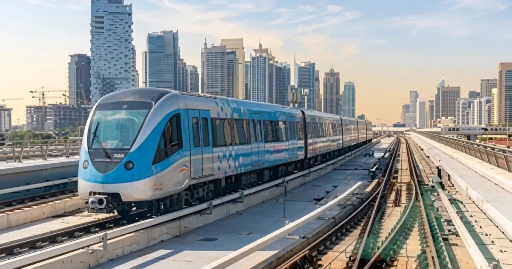 Dubai Metro Blue Line 2026 route map showing planned stations connecting Creek Harbour, International City, Silicon Oasis, and Academic City in Dubai