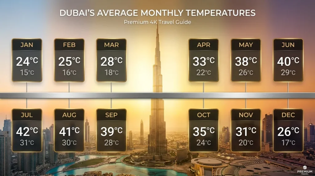 Dubai average temperatures by month from January to December 2026 travel weather guide