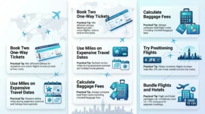 Hidden ways to save money on London flights infographic showing airline hacks, baggage fee tips, positioning flights, travel miles, and hotel bundle savings for 2026