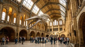 Hope the blue whale skeleton hanging in Hintze Hall Natural History Museum London