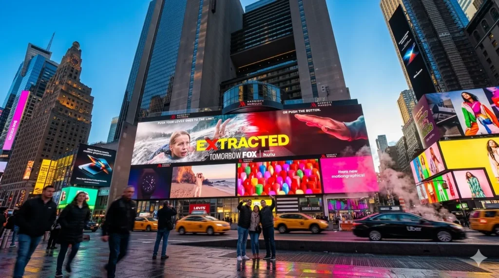 Alt text: Hotel buildings near Times Square in Midtown Manhattan New York City at night