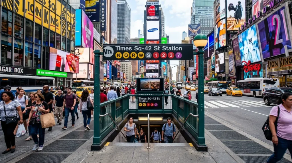 Times Square 42nd Street subway station entrance in New York City with MTA signage