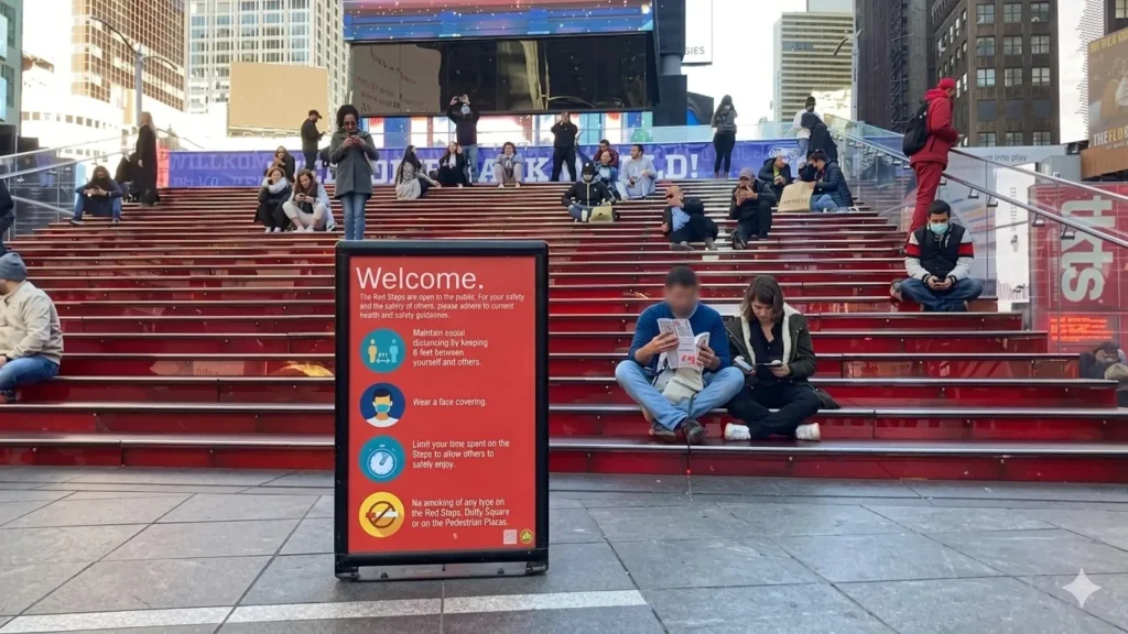 TKTS red stairs in Duffy Square Times Square offering elevated views of the billboard district in New York City