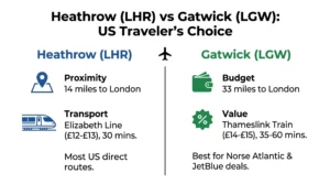 Comparison of London Heathrow and Gatwick airports for US travelers 2026