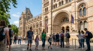 Visitors queuing at the main entrance of Natural History Museum London on Cromwell Road