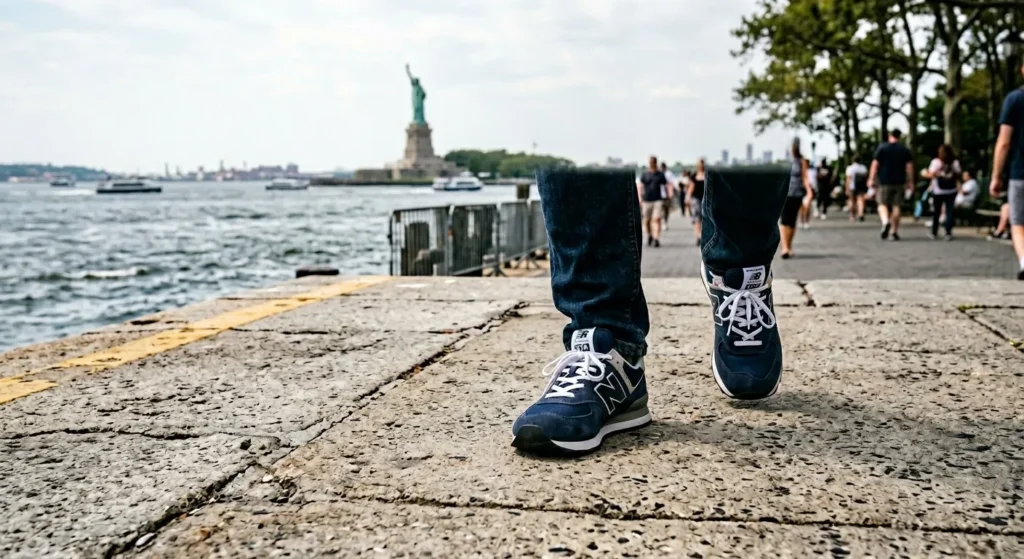raveler wearing comfortable walking sneakers at Battery Park, NYC, preparing to visit the Statue of Liberty