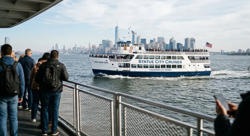 The official Statue City Cruises ferry traveling through New York Harbor toward Liberty Island