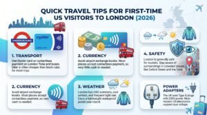 Quick travel tips infographic for first-time US visitors to London covering transport, weather, currency, safety, and UK power adapters in 2026