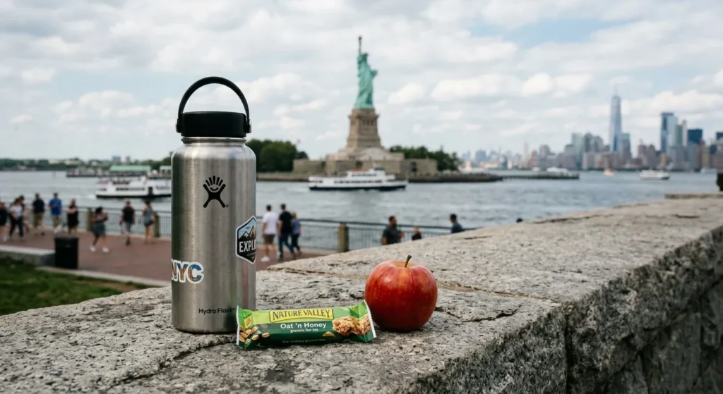 Reusable water bottle and snacks on Liberty Island, following travel tips to save money on food