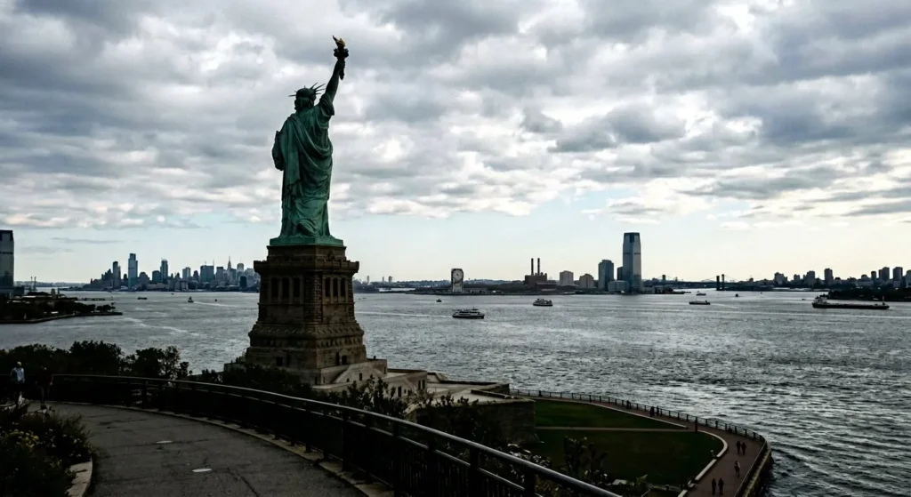 Unique view of the Statue of Liberty from the back side of Liberty Island with New Jersey shoreline in the background