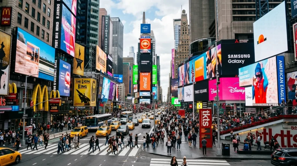Giant digital billboards lighting up Times Square in New York City during daytime