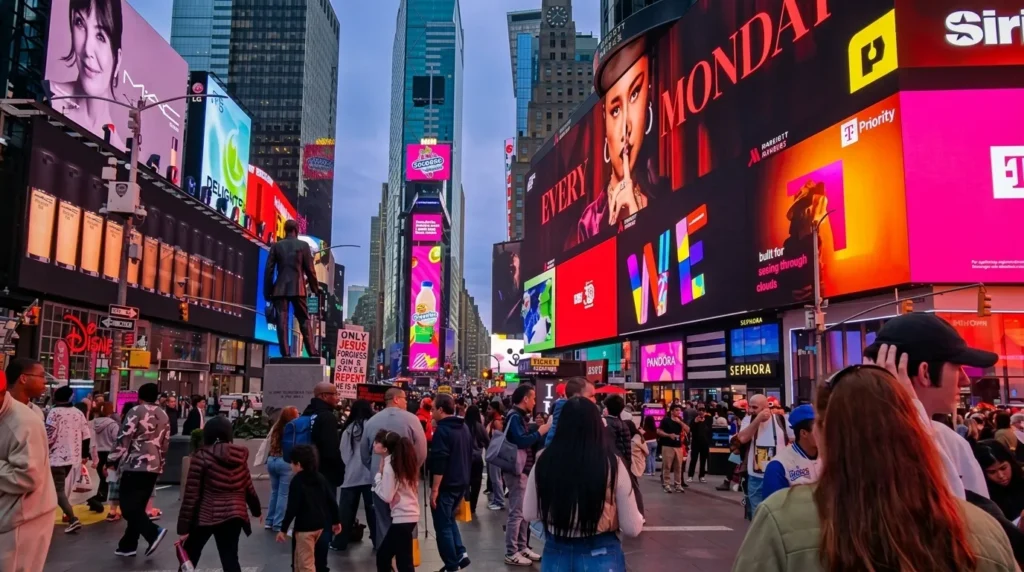 Busy tourist crowd walking through Times Square in New York City with costumed characters posing for photos