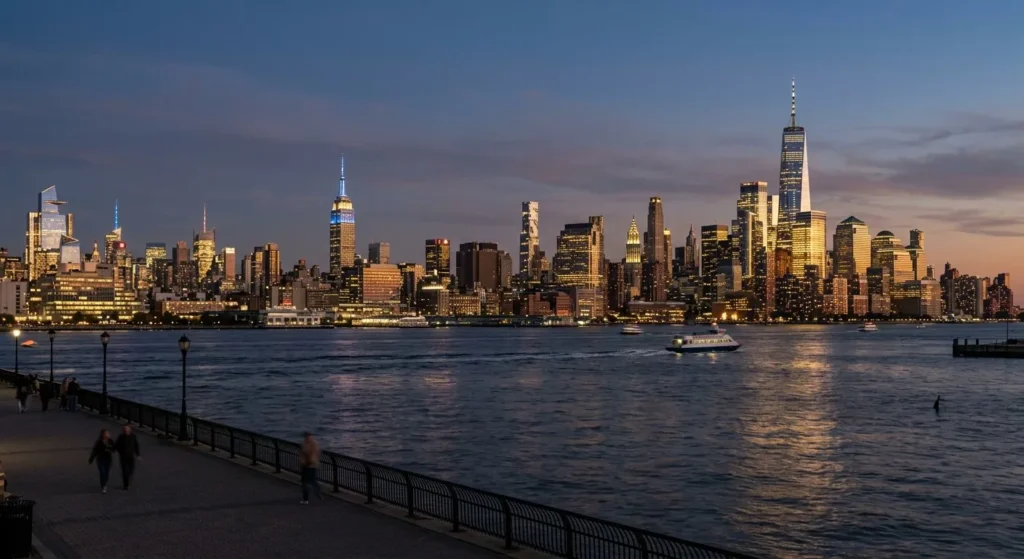 Panoramic view of the Manhattan skyline from the Jersey City waterfront, showing different areas to stay in NYC