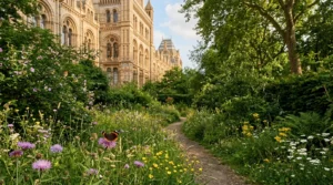 Hidden wildlife garden with wildflowers beside Natural History Museum London