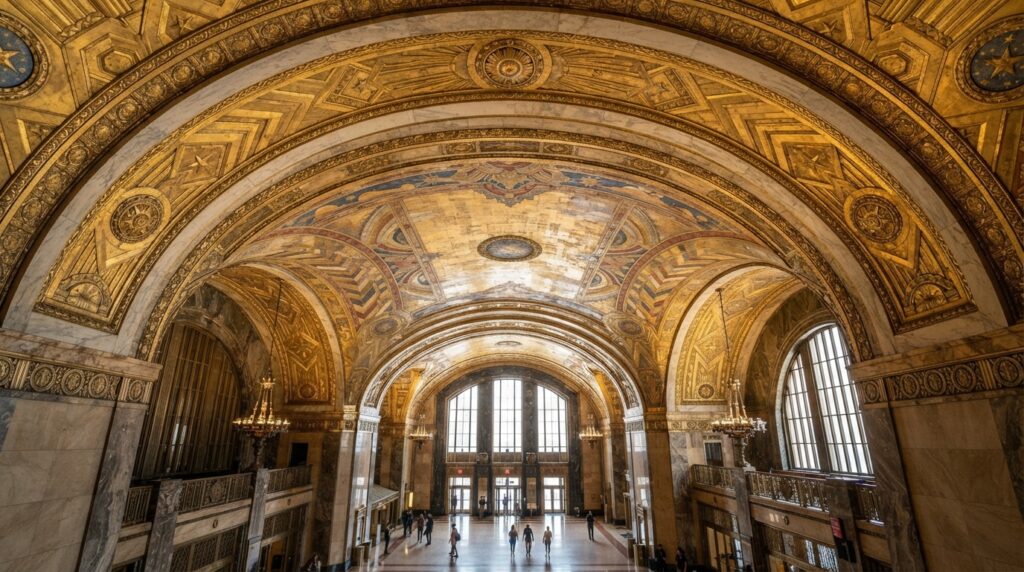 Art Deco gilded ceiling mural in the Empire State Building lobby